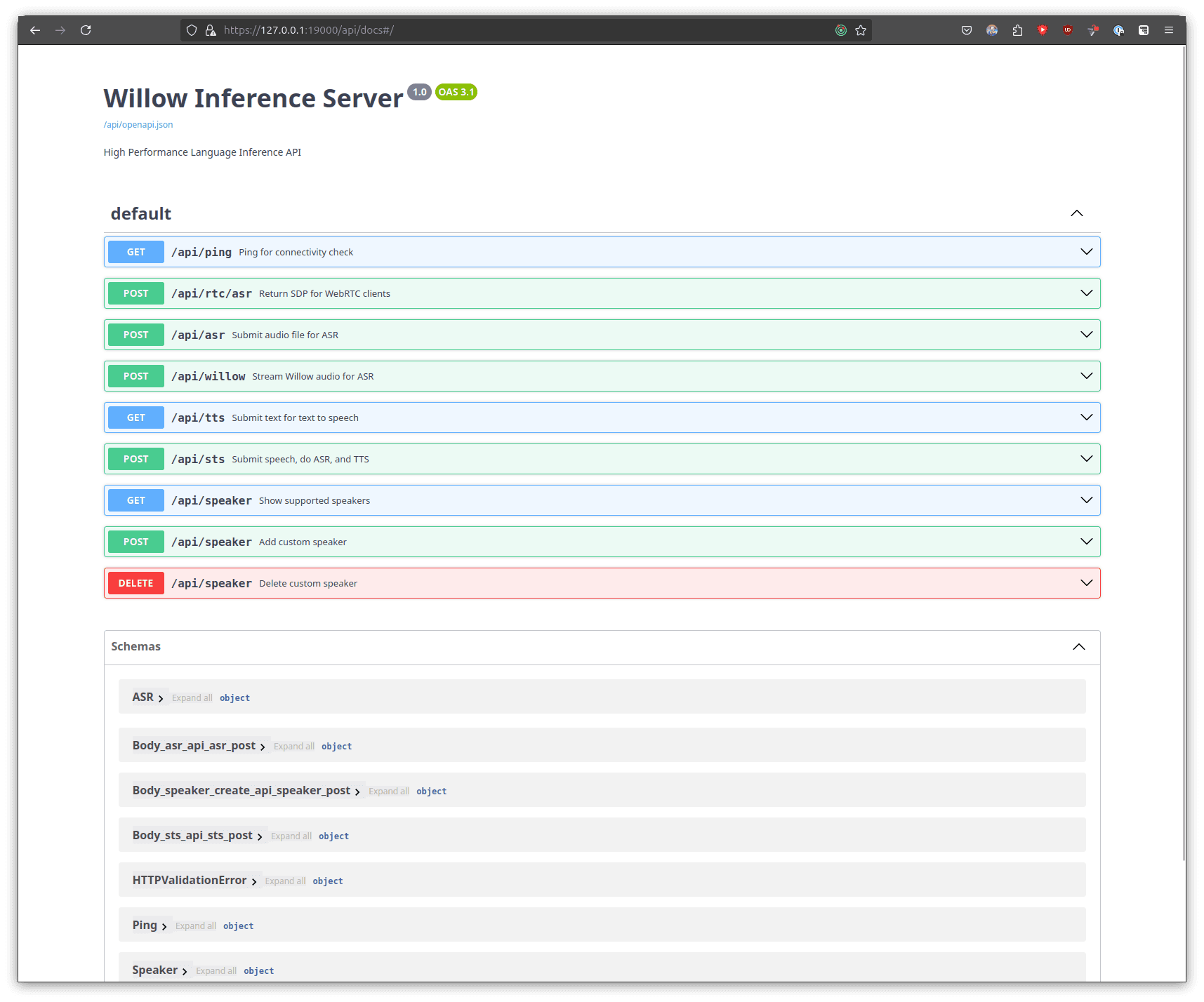 Willow Inference Server API Docs Page