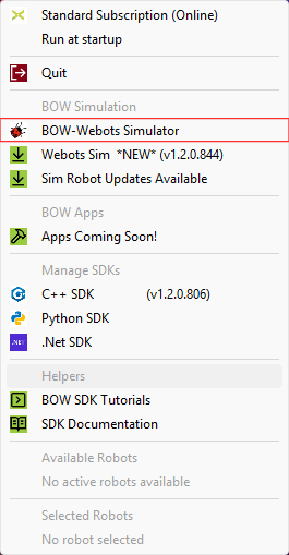 BOW Hub Webots Simulator Menu Item Highlighted